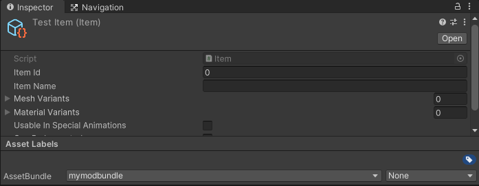 Image of the asset bundle name selection at the bottom of the inspector.
