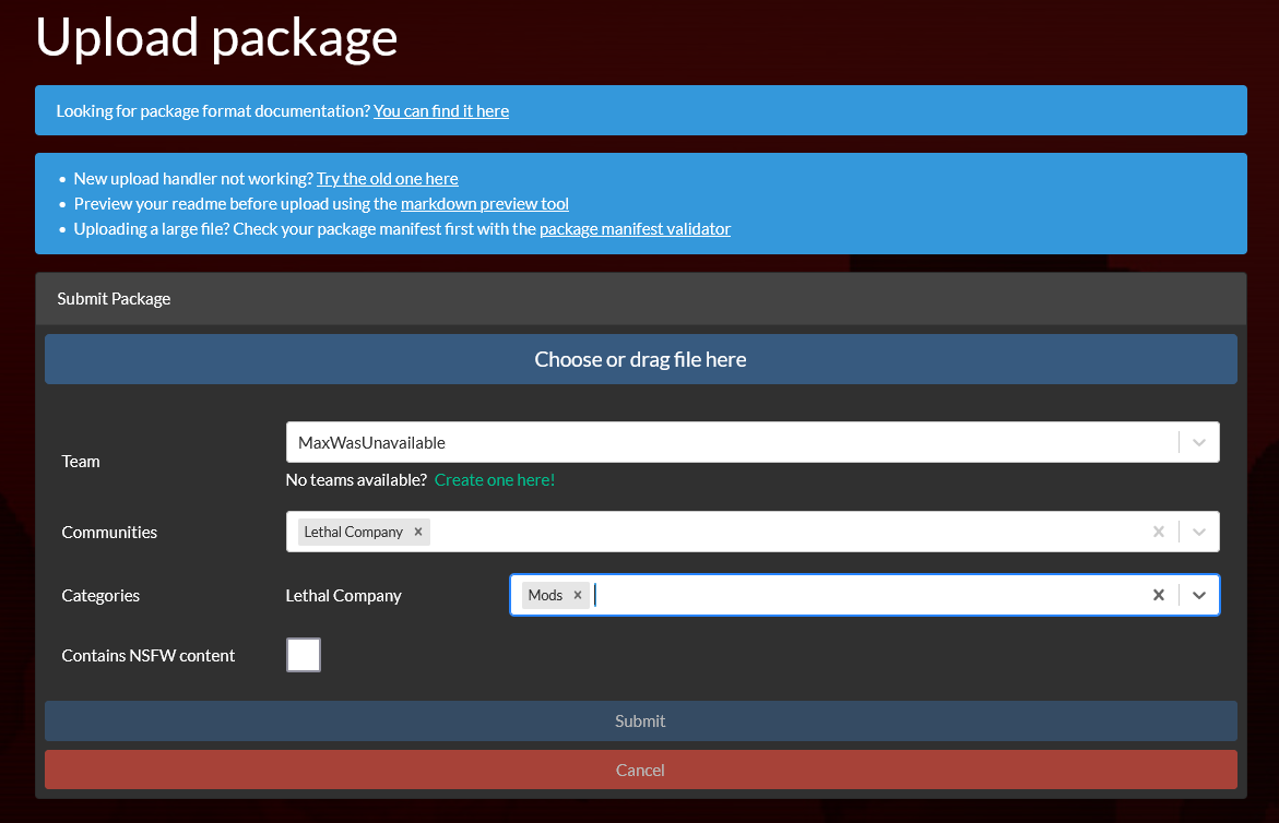 Thunderstore Upload package page
