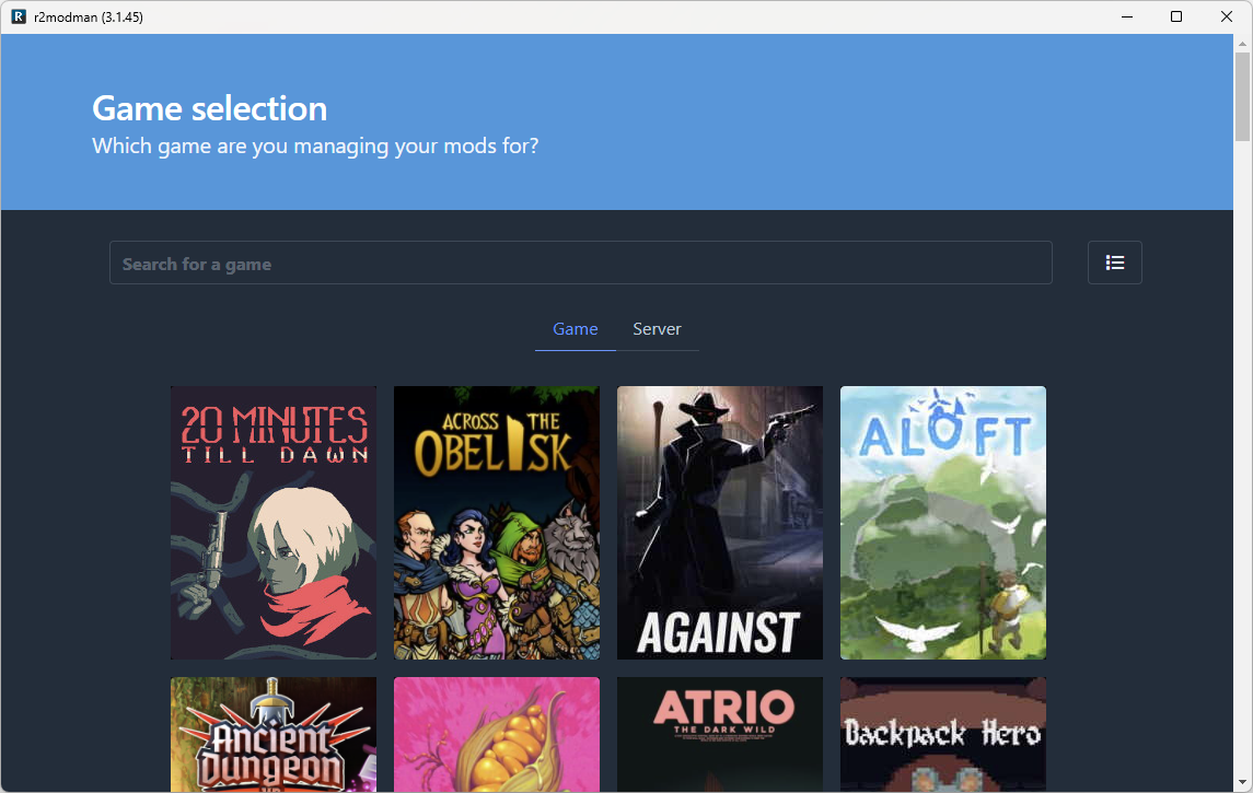 r2modman Game Selection Screen