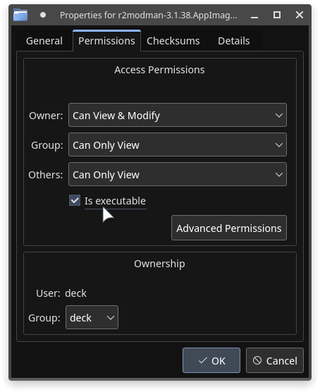 Steam Deck Permissions Window